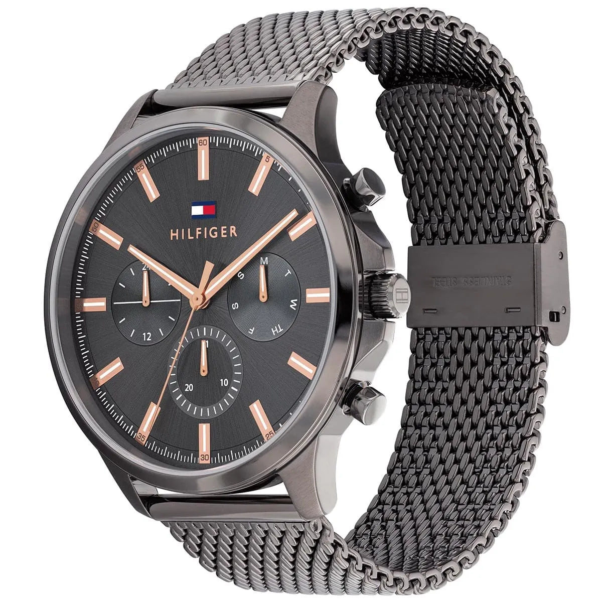 Tommy Hilfiger Ryder watch at angle showing gunmetal chronograph dial and full stainless steel mesh bracelet