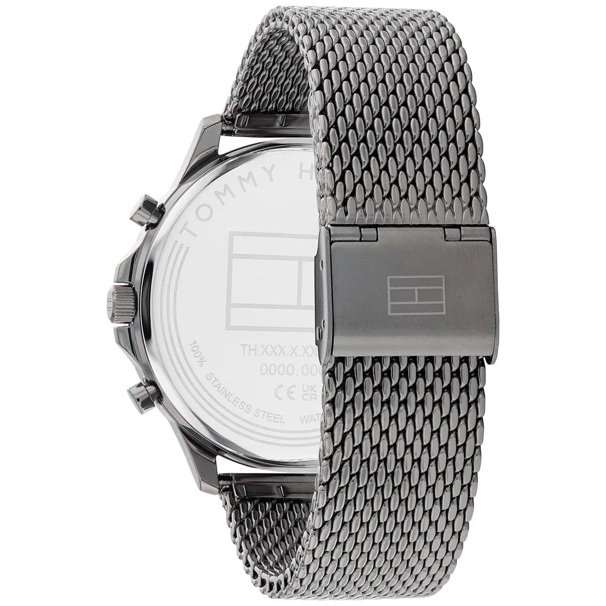 Tommy Hilfiger Ryder watch caseback revealing stainless steel construction and movement