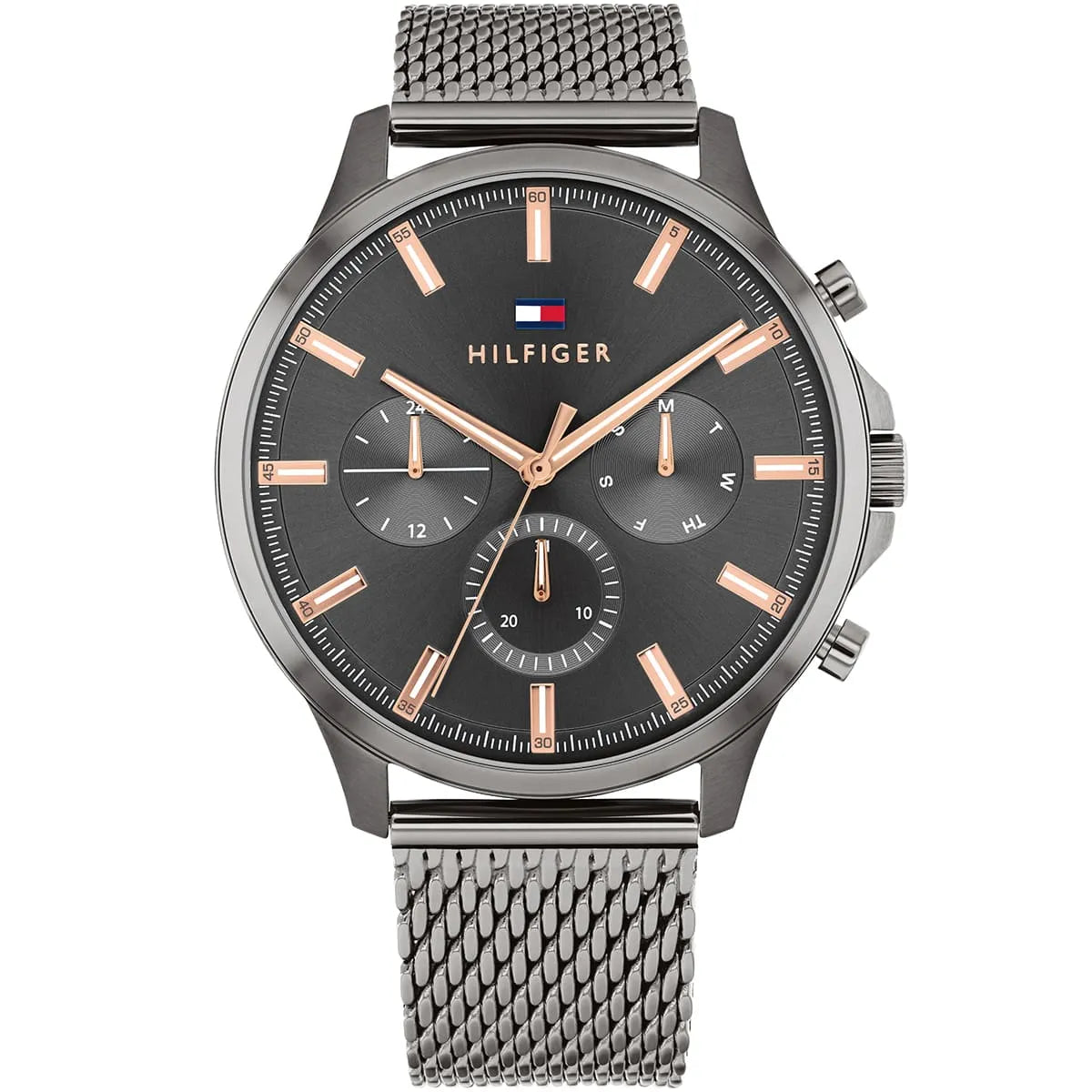 Tommy Hilfiger Ryder watch with gunmetal dial, rose gold hour markers, chronograph subdials, and gray mesh bracelet