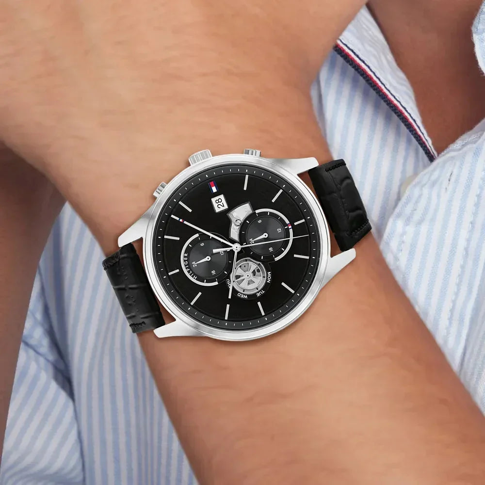 Tommy Hilfiger Black Multifunction Analog Black Leather Band Men's Watch - 1710502