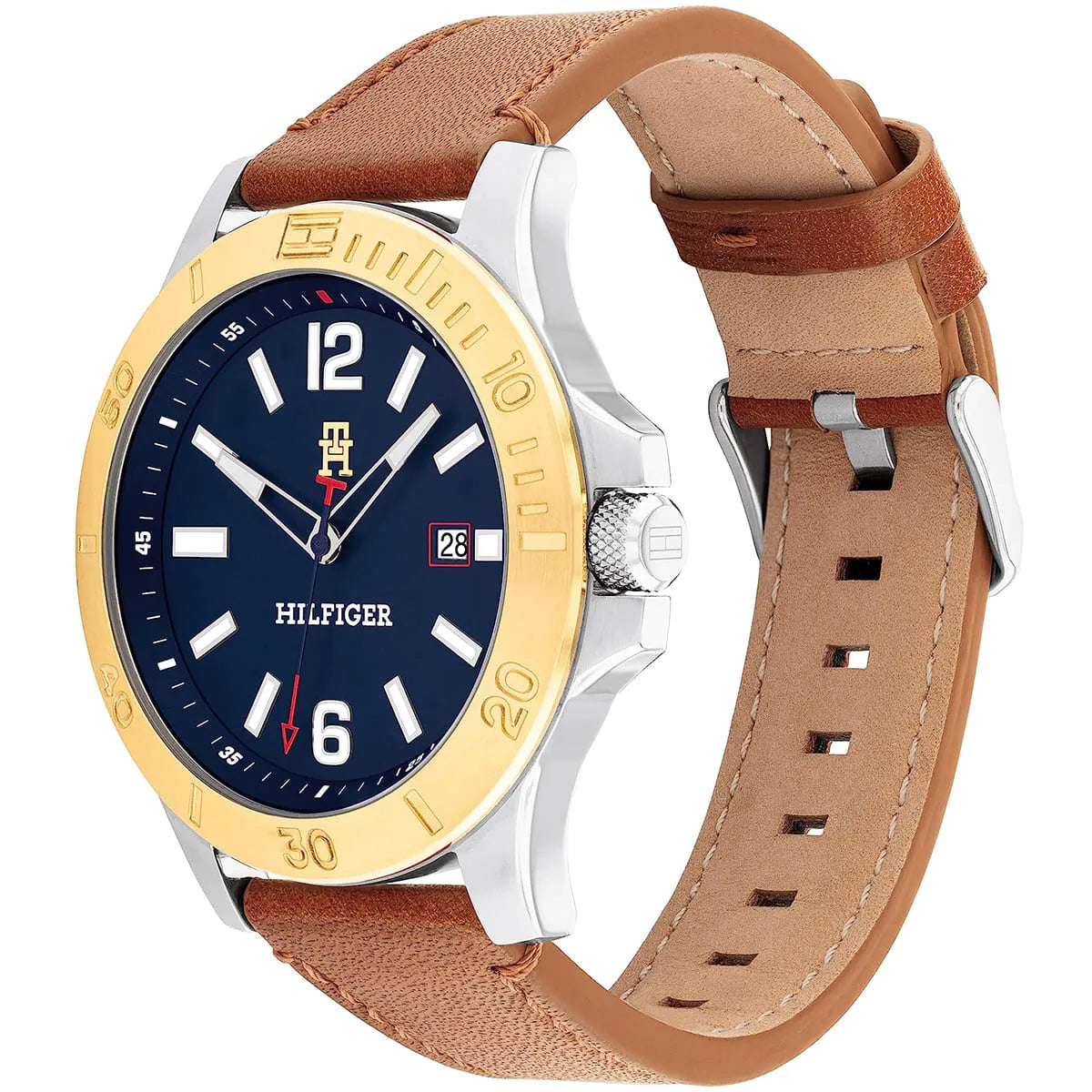 Side angle view of Ryan watch showing brown leather strap and case profile