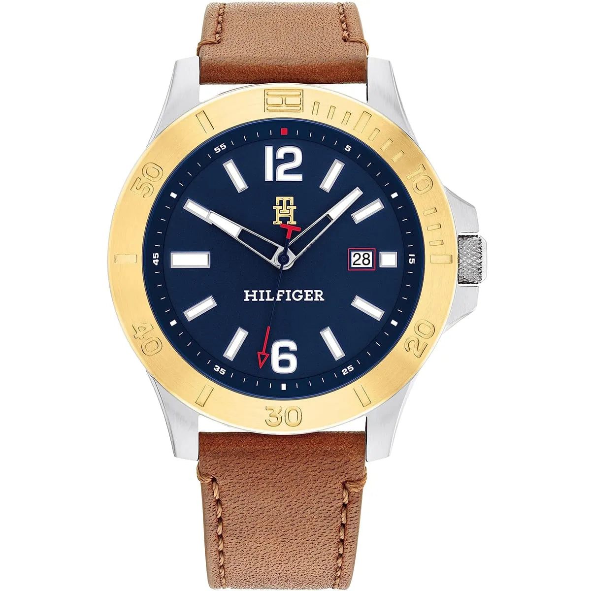Tommy Hilfiger Ryan men's watch with blue dial, gold bezel, and brown leather strap