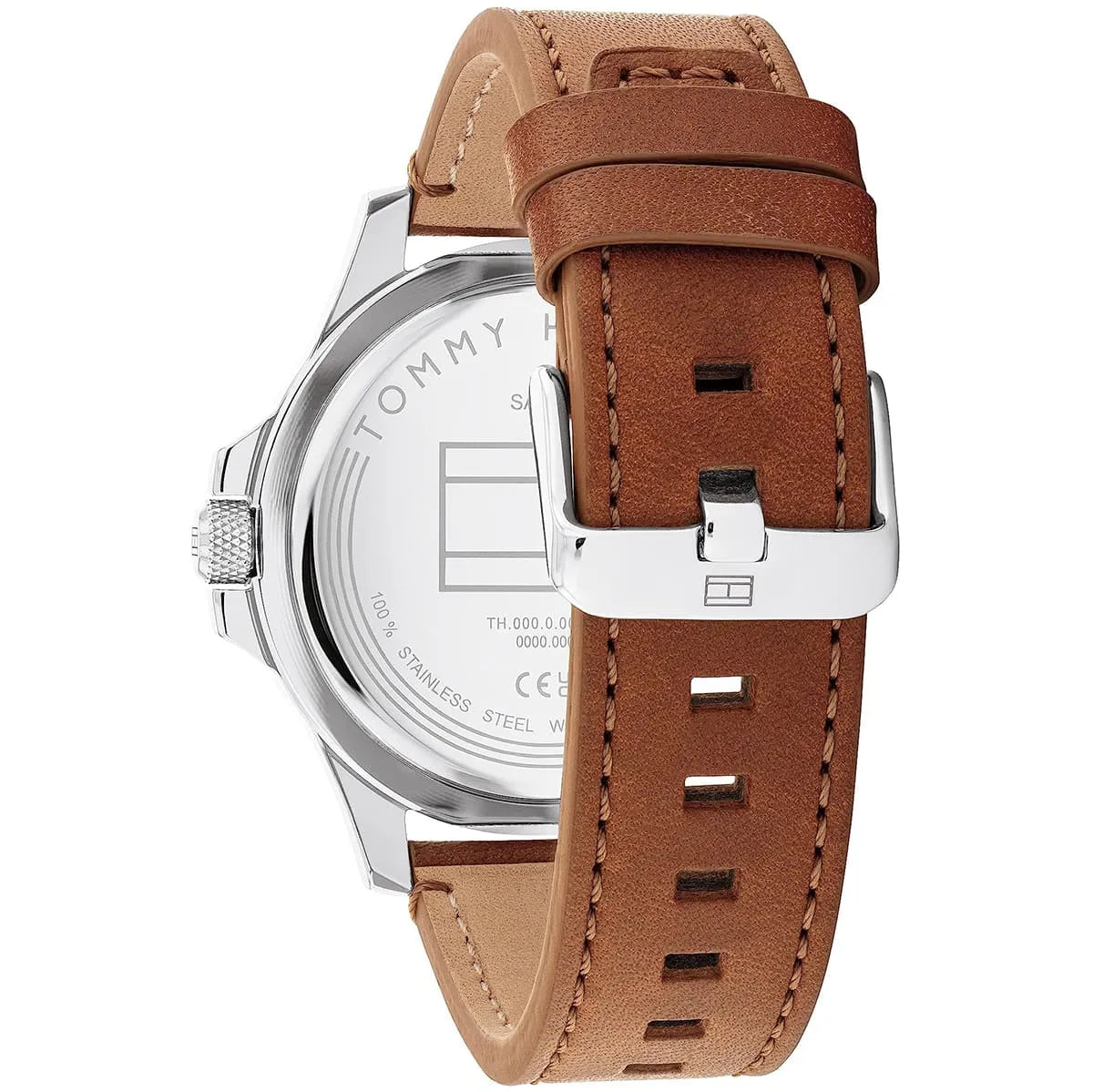 Brown leather strap detail with stitching and adjustment holes