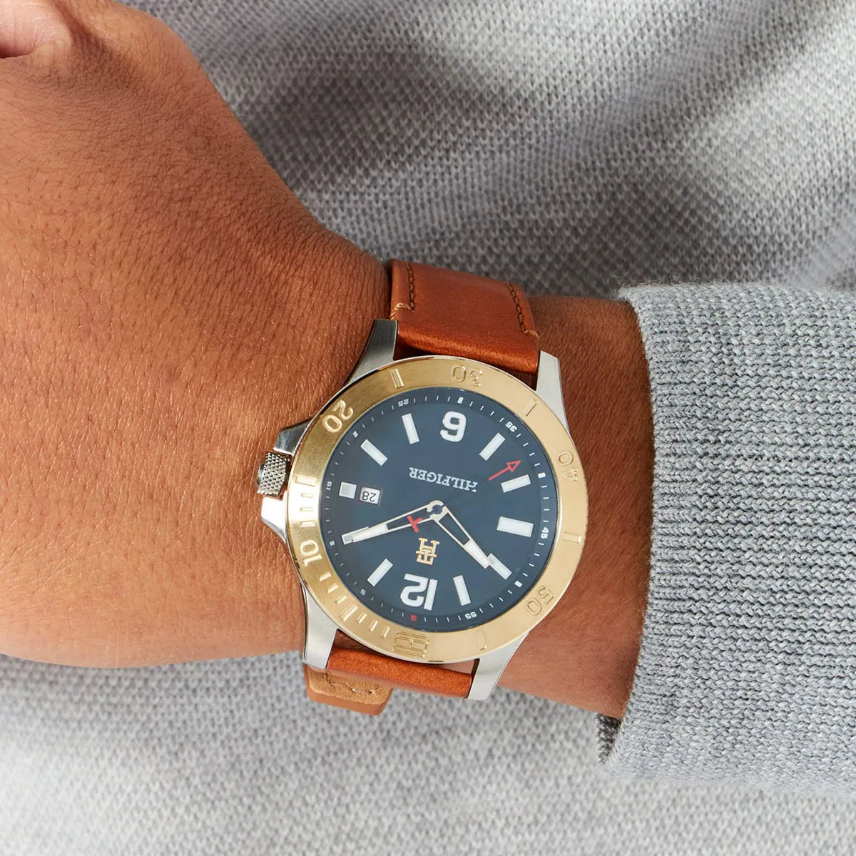 Tommy Hilfiger Ryan watch on wrist with brown leather strap