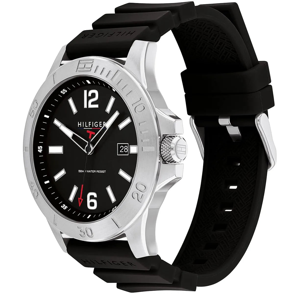 Tommy Hilfiger Ryan watch angled view showing steel case and black rubber strap detail