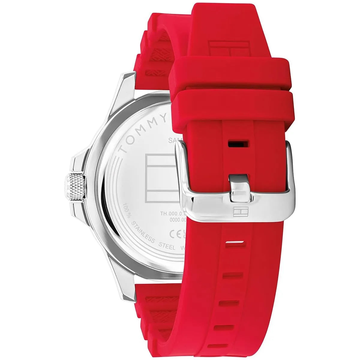 Side view of Tommy Hilfiger watch displaying red silicone strap and case profile