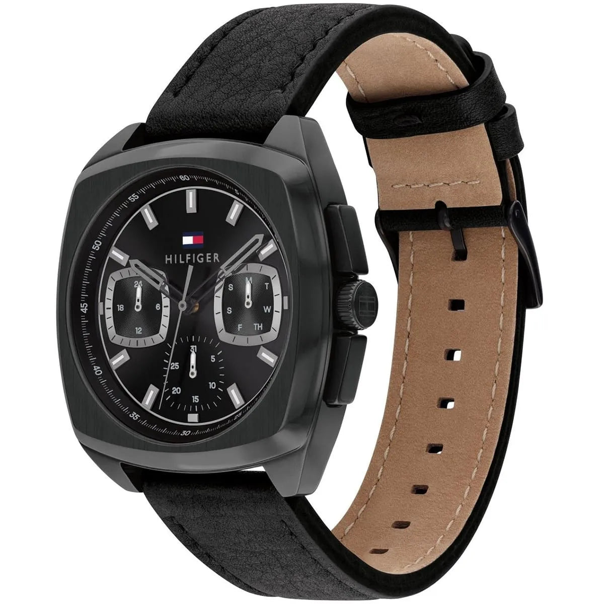Tommy Hilfiger watch at angle showing black leather strap with tan leather interior and chronograph subdials