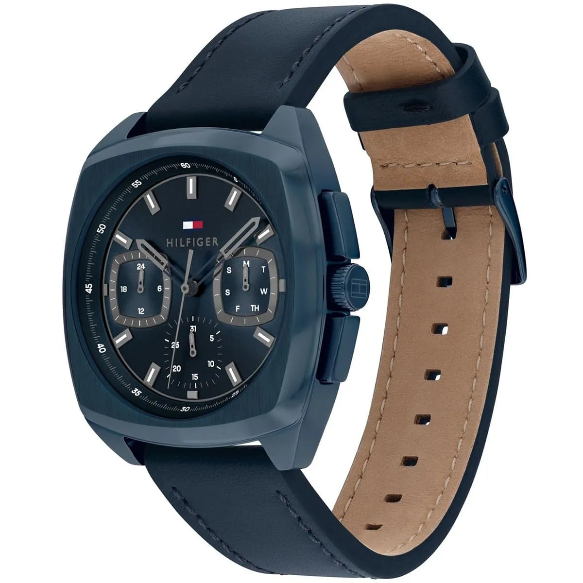 Tommy Hilfiger Apollo watch angled view showing blue case and tan leather strap