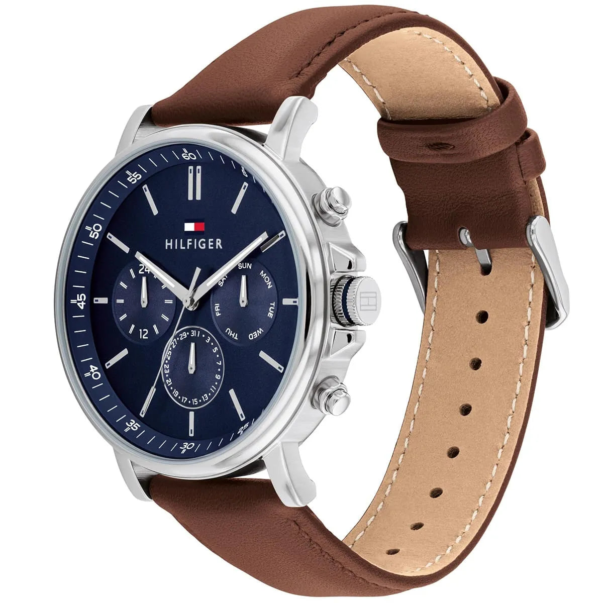 Side angle view of Tyson watch showing brown leather strap with light tan underside and silver buckle