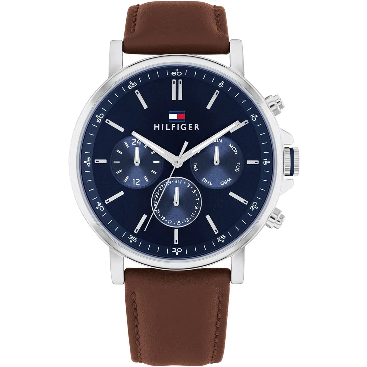 Tommy Hilfiger Tyson men's chronograph watch with blue dial, silver case, and brown leather strap