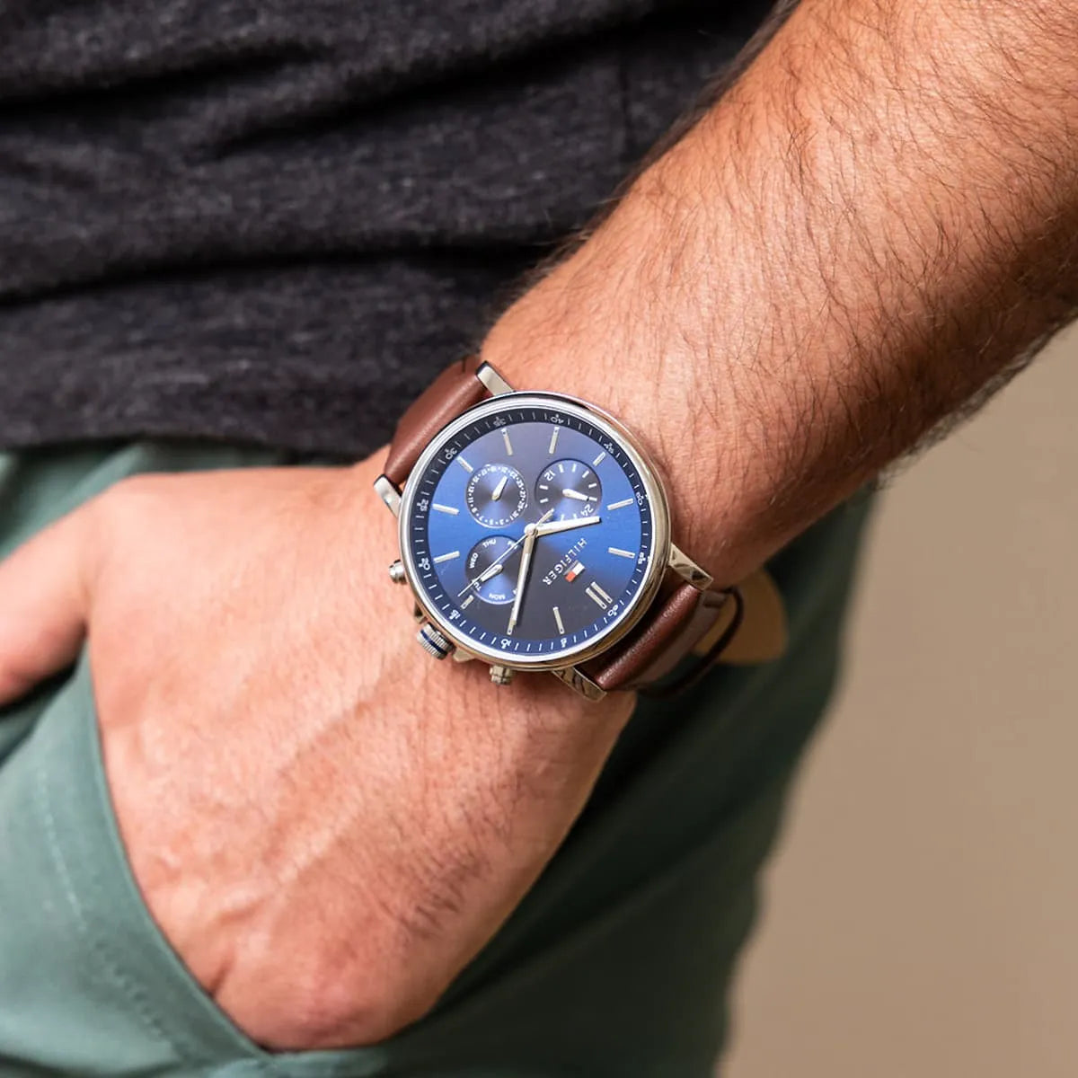 Tommy Hilfiger Tyson watch worn on wrist showing chronograph function dials