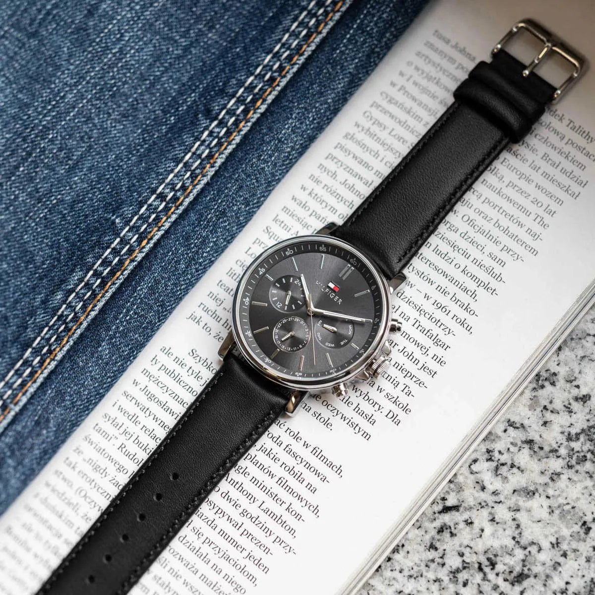 Tommy Hilfiger Black Leather Dark Grey Dial Multi-function Men's Watch - 1710586