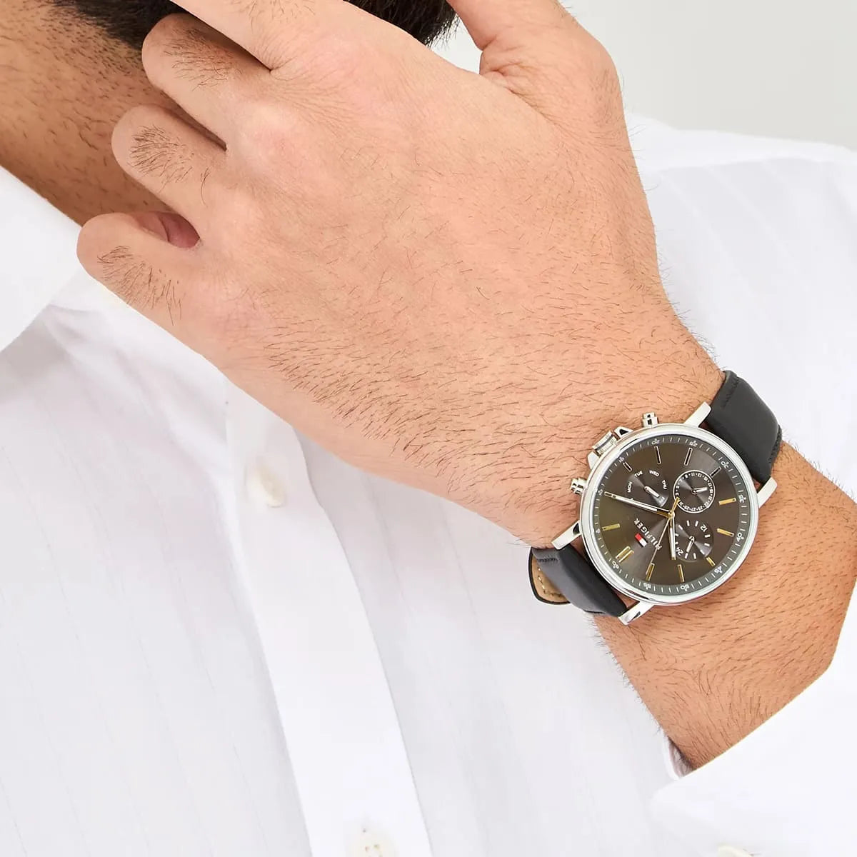 Tommy Hilfiger Black Leather Dark Grey Dial Multi-function Men's Watch - 1710586