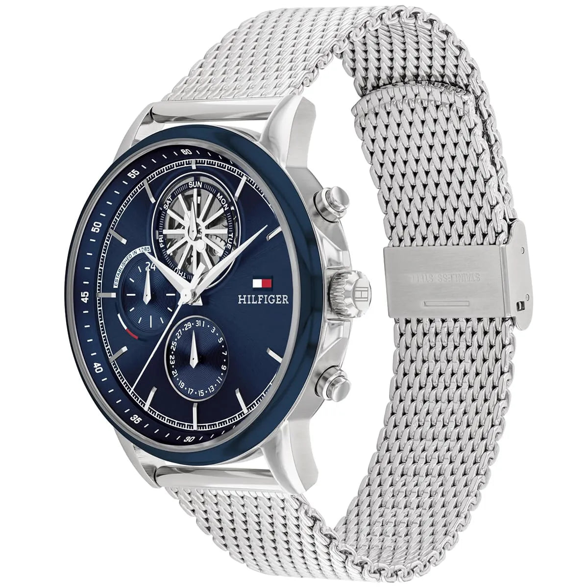 Tommy Hilfiger chronograph watch angled view showing navy dial and silver mesh bracelet