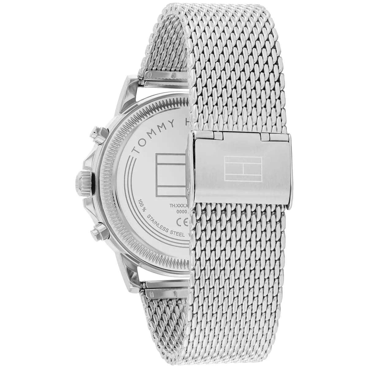 Tommy Hilfiger watch case back with stainless steel mesh band visible