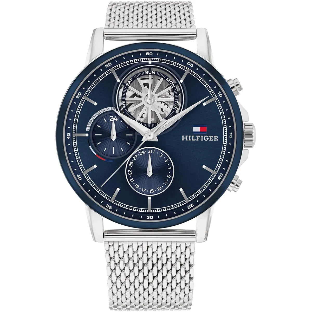 Tommy Hilfiger men's watch with navy chronograph dial and silver mesh strap