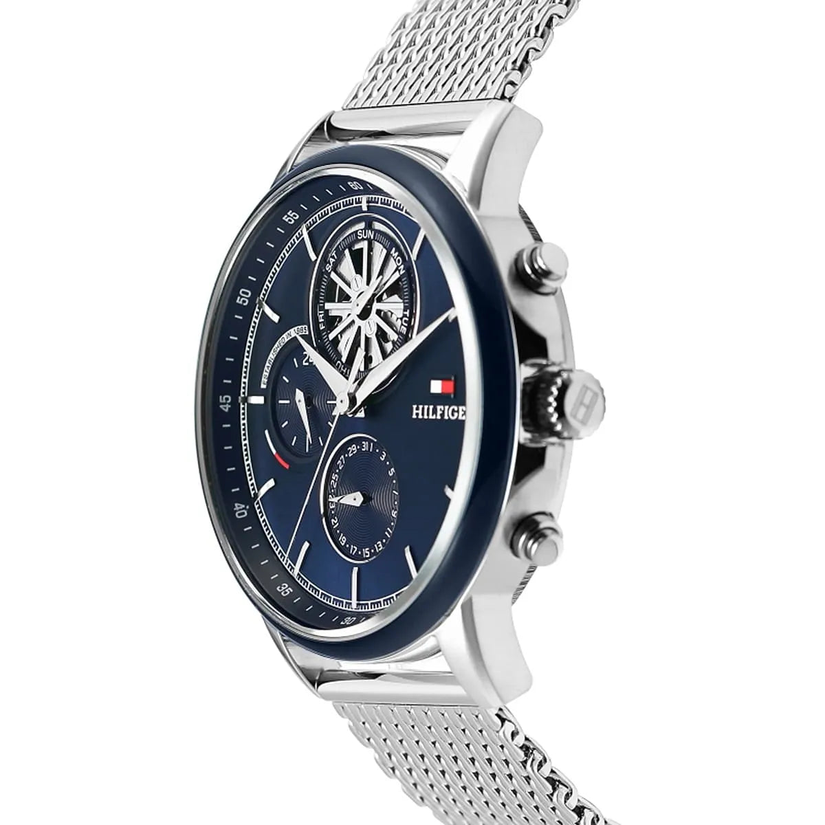 Side view of Tommy Hilfiger chronograph watch with silver mesh strap