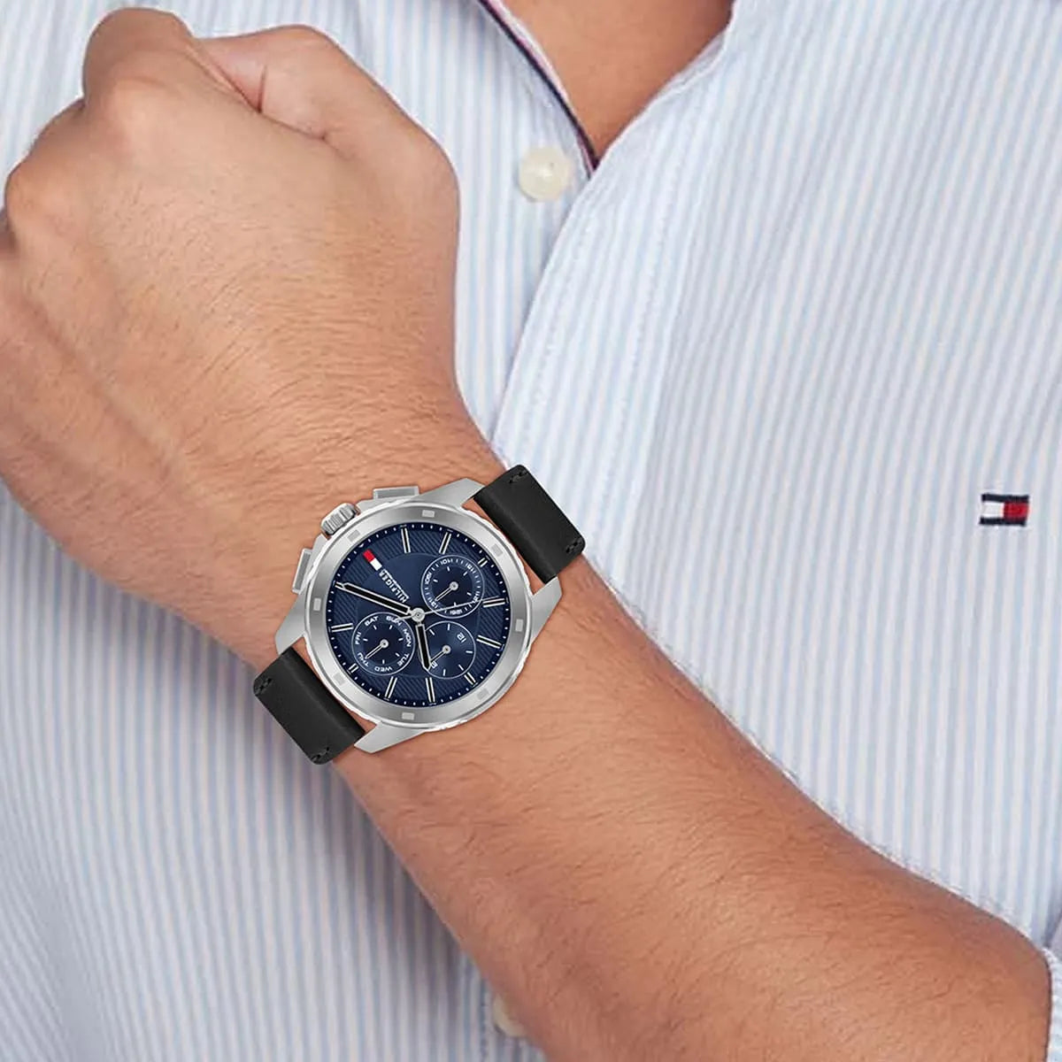Tommy Hilfiger Black Leather Navy Dial Multi-function Men's Watch - 1710619