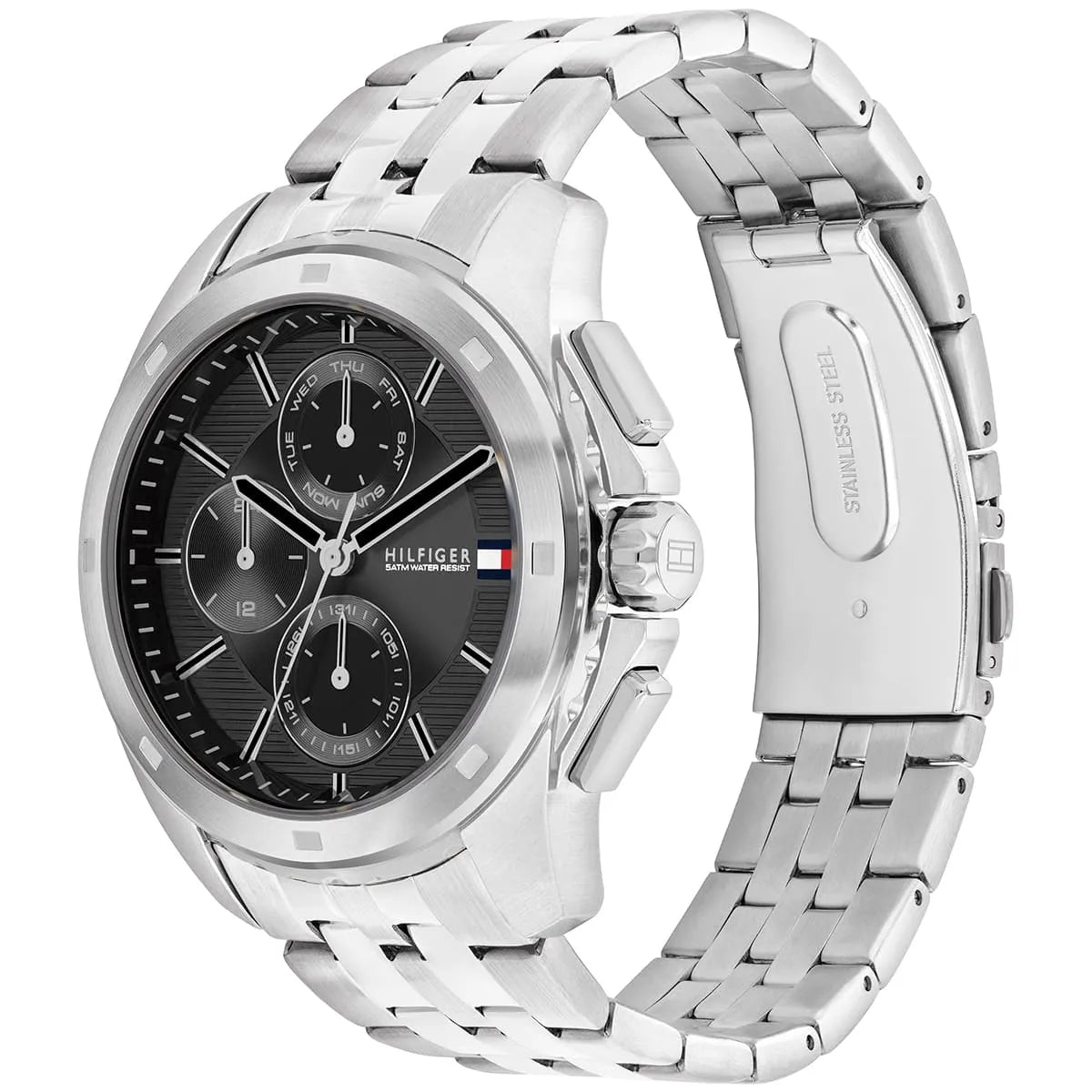 Tommy Hilfiger Walker watch shown from angled view displaying case and bracelet
