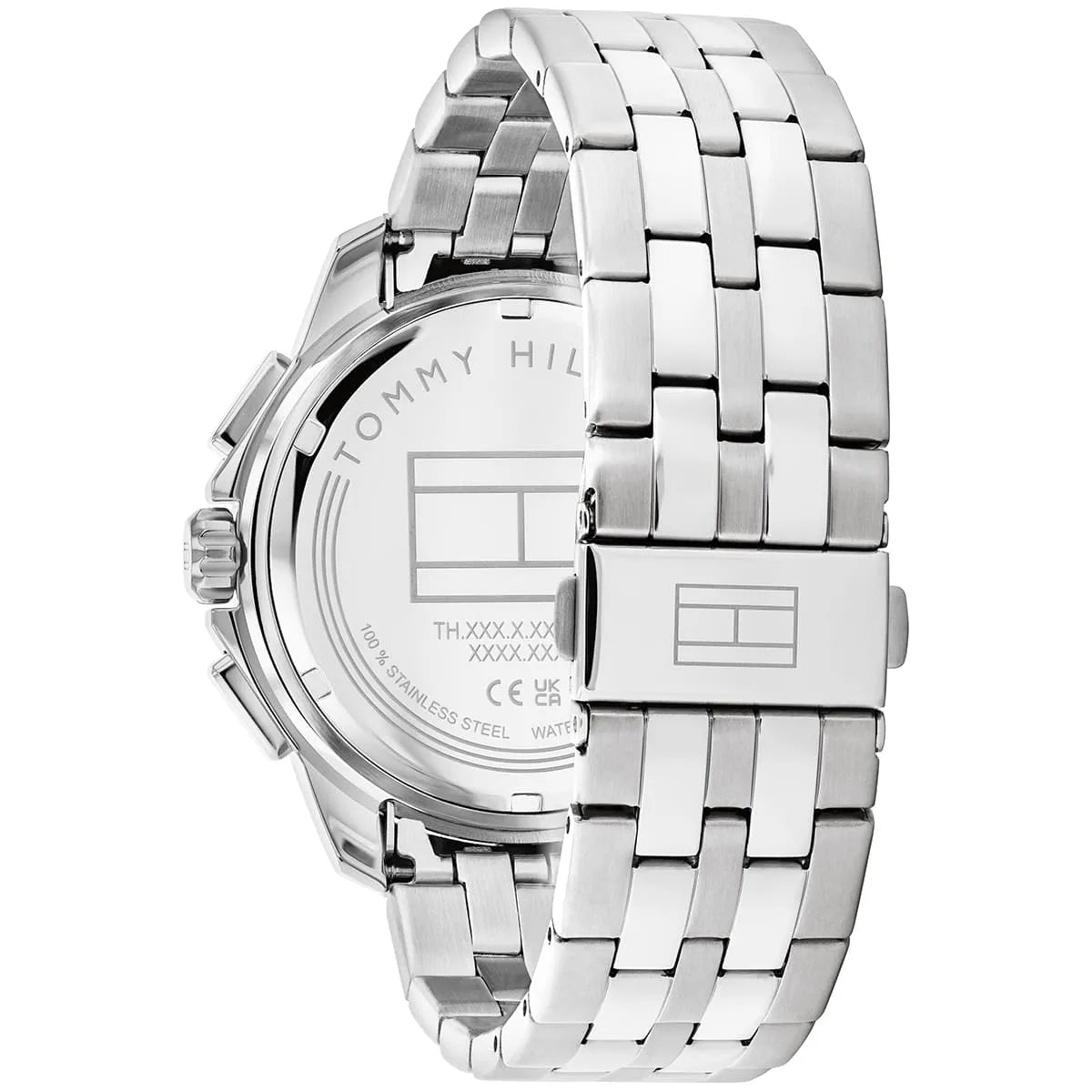 Tommy Hilfiger Walker caseback showing stainless steel with engraved branding