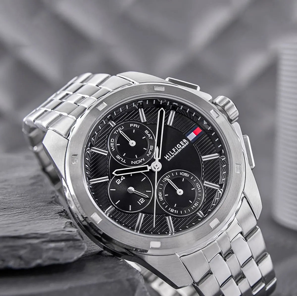 Tommy Hilfiger Walker men's chronograph watch with black dial detail