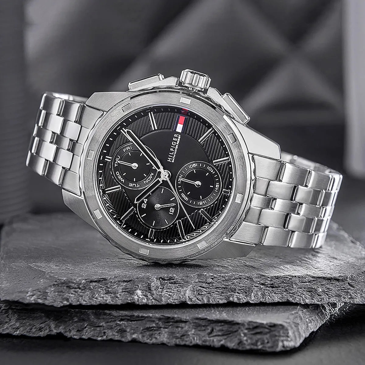Tommy Hilfiger Walker watch with black chronograph dial and stainless steel case
