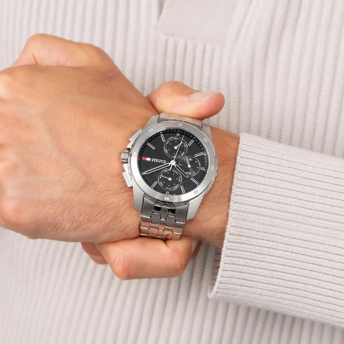 Tommy Hilfiger Walker chronograph worn on wrist with stainless steel band