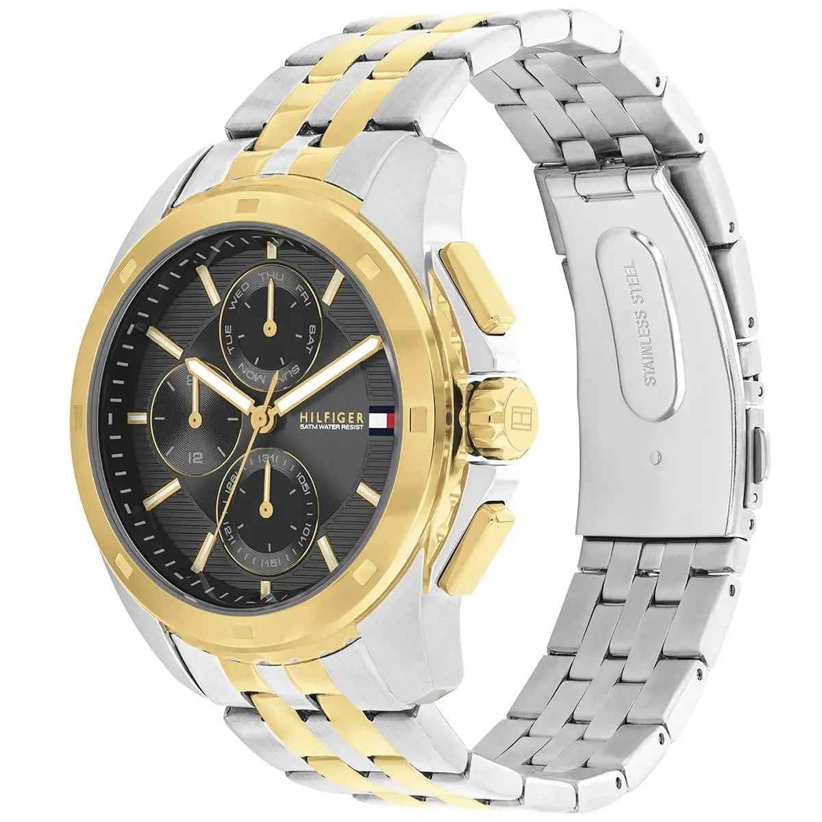 Side angle view of two-tone watch showing silver and gold strap with caseback visible