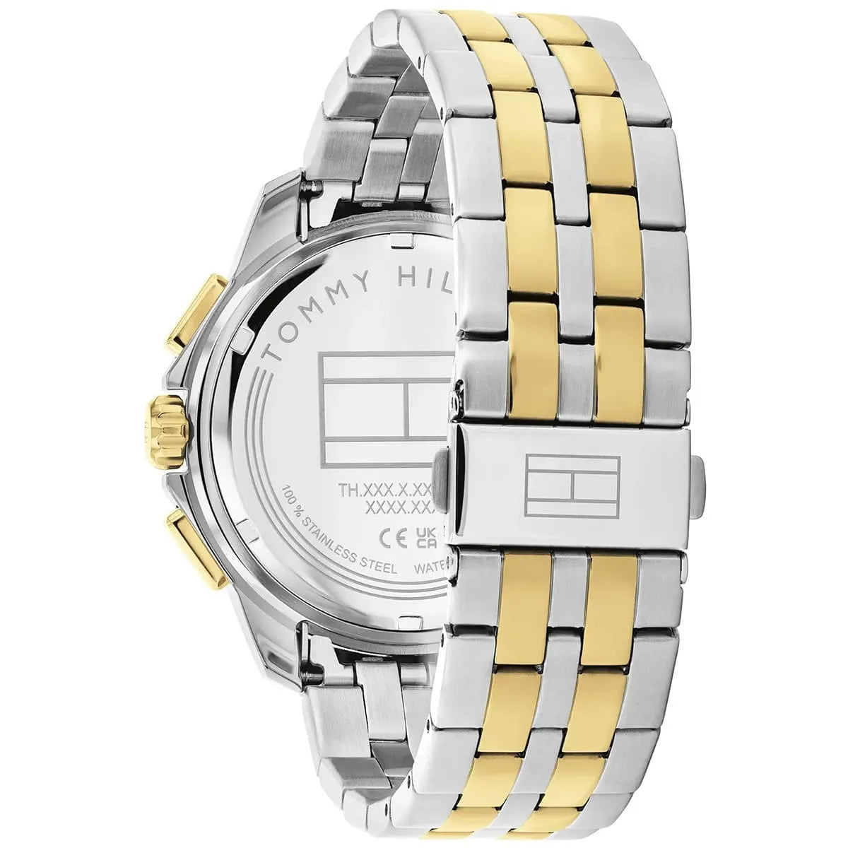 Caseback of Tommy Hilfiger watch showing engraved text and serial number