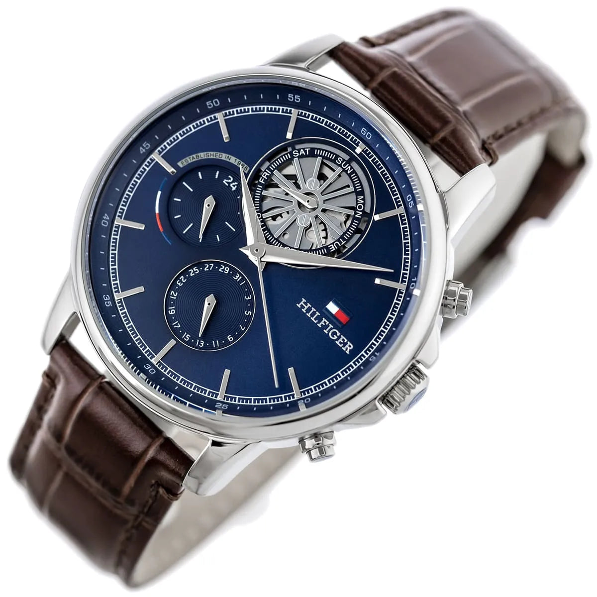 TOMMY HILFIGER STEWART, Multifunction Leather Brown Blue Men's Watch - 1710629