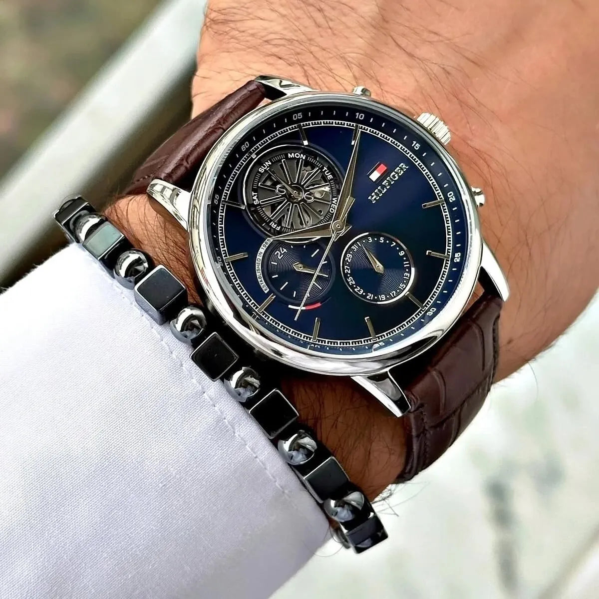 TOMMY HILFIGER STEWART, Multifunction Leather Brown Blue Men's Watch - 1710629