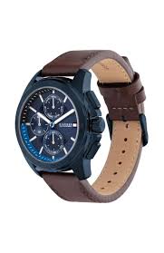 Side view of Tommy Hilfiger watch showing dark blue case and brown leather strap with tan lining
