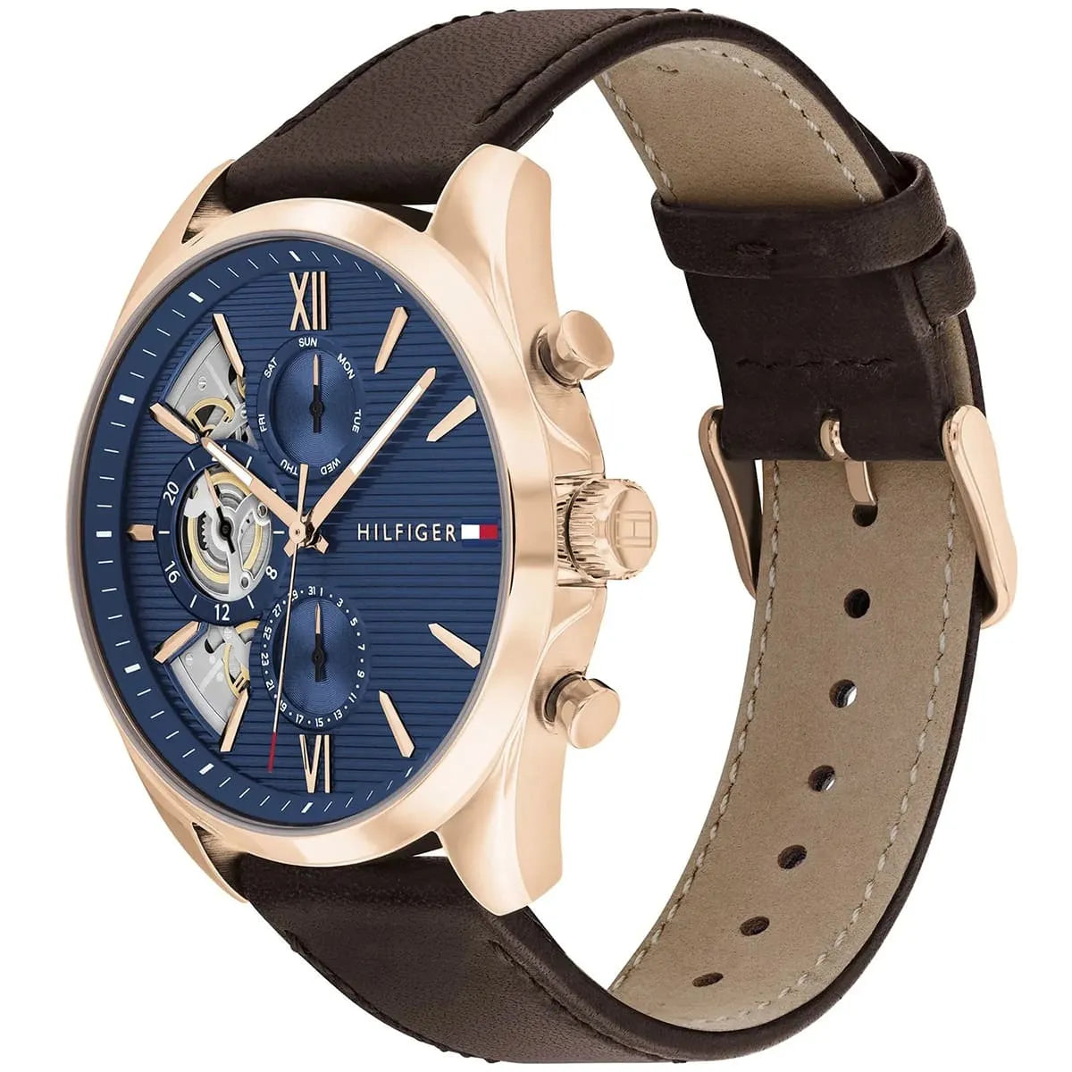Side angle view of Tommy Hilfiger Baker watch showing brown leather strap and rose gold case