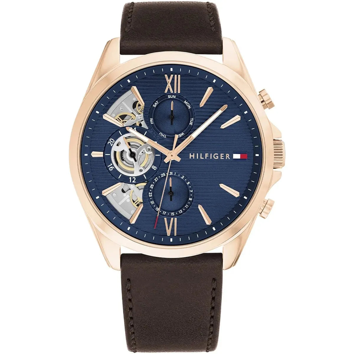 Tommy Hilfiger Baker men's watch with blue dial, rose gold case, and brown leather strap