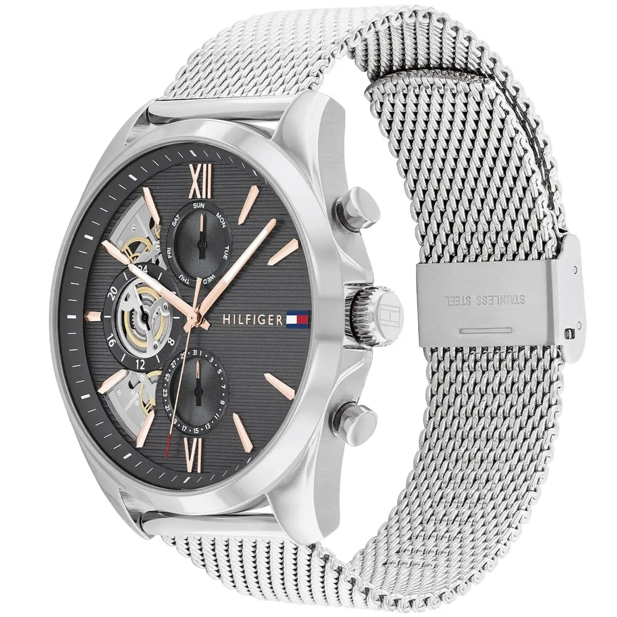 Tommy Hilfiger Baker watch angle view showing case profile and mesh strap clasp