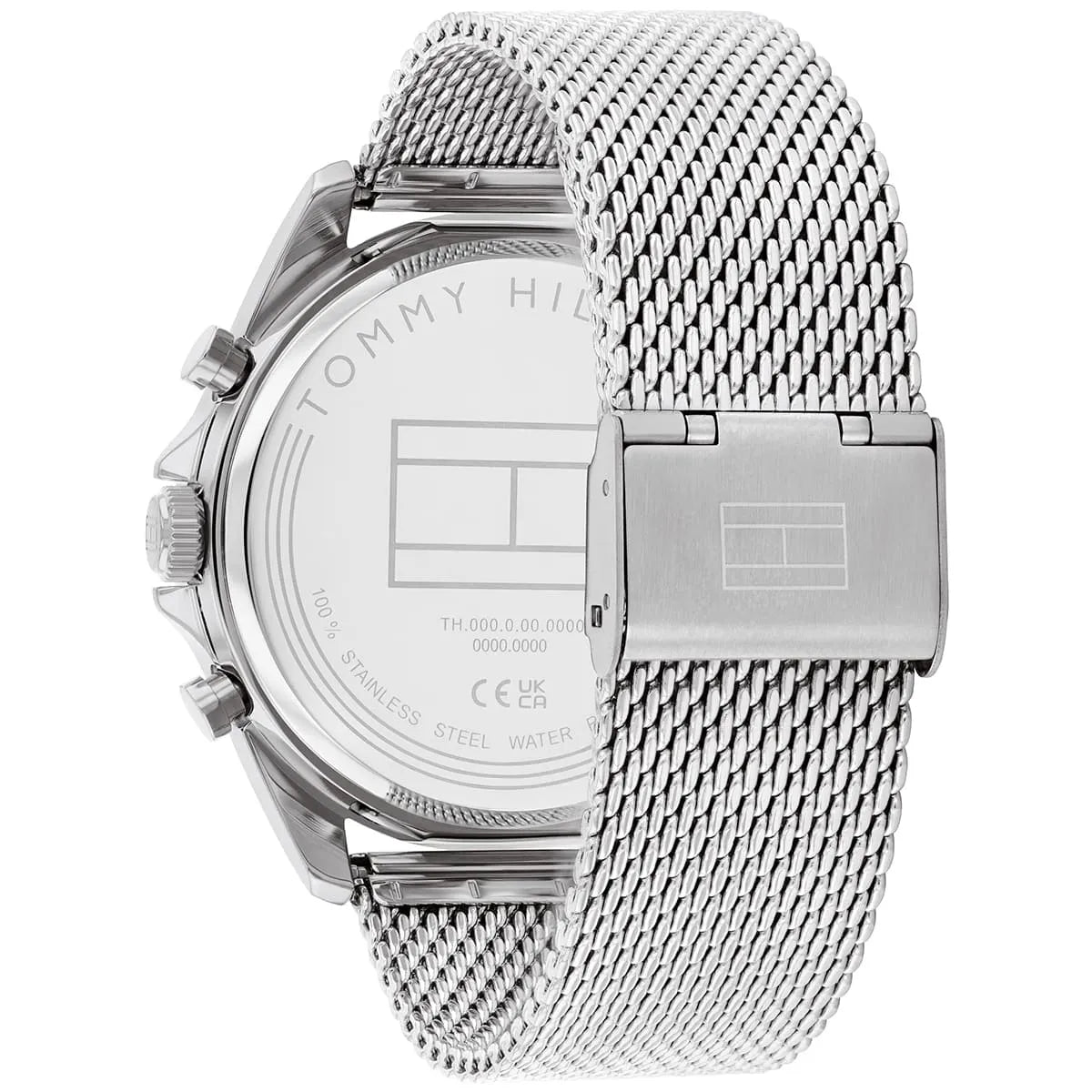 Case back of Tommy Hilfiger Baker watch showing stainless steel construction and specifications