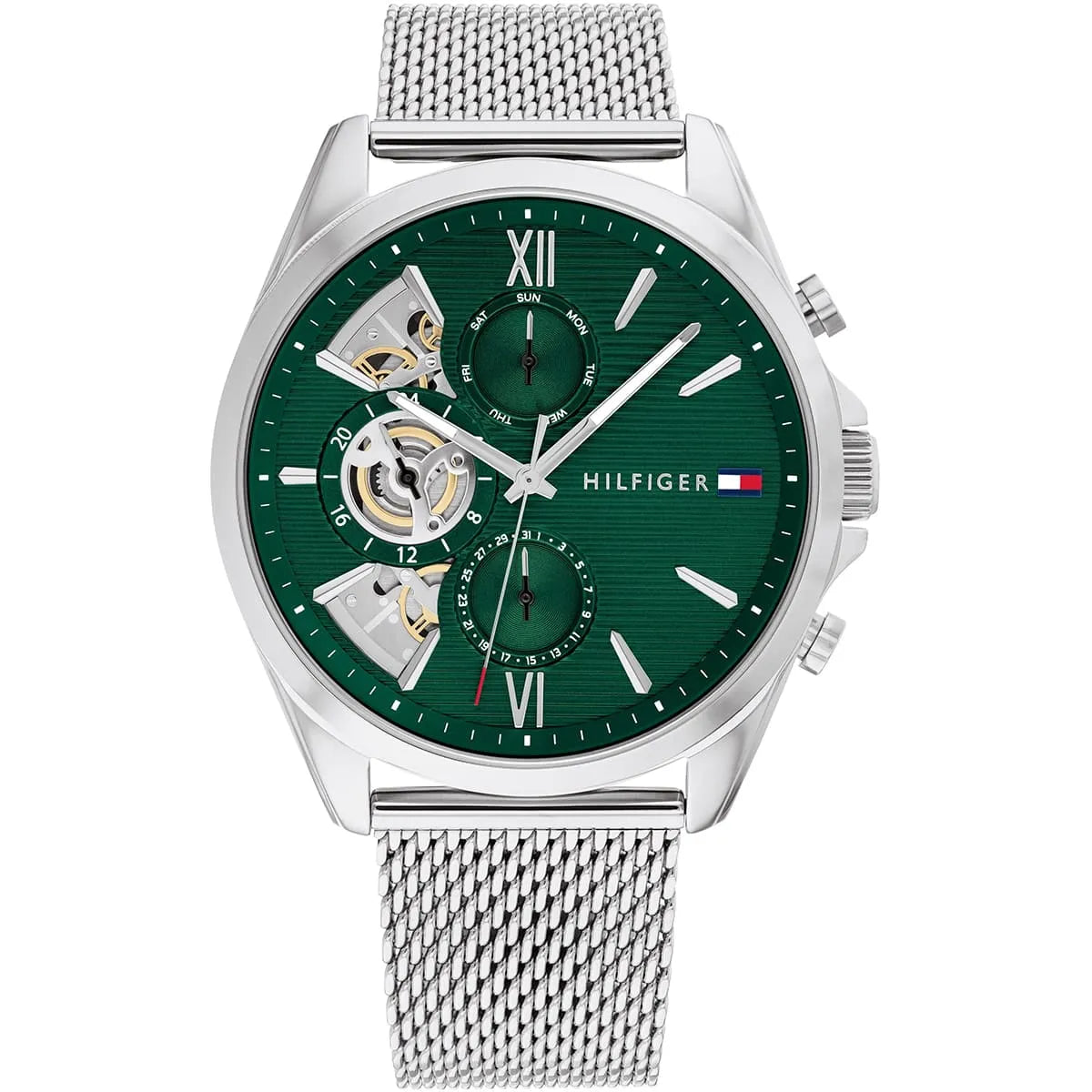 Tommy Hilfiger Baker 44mm men's watch with green dial, silver case, and mesh strap