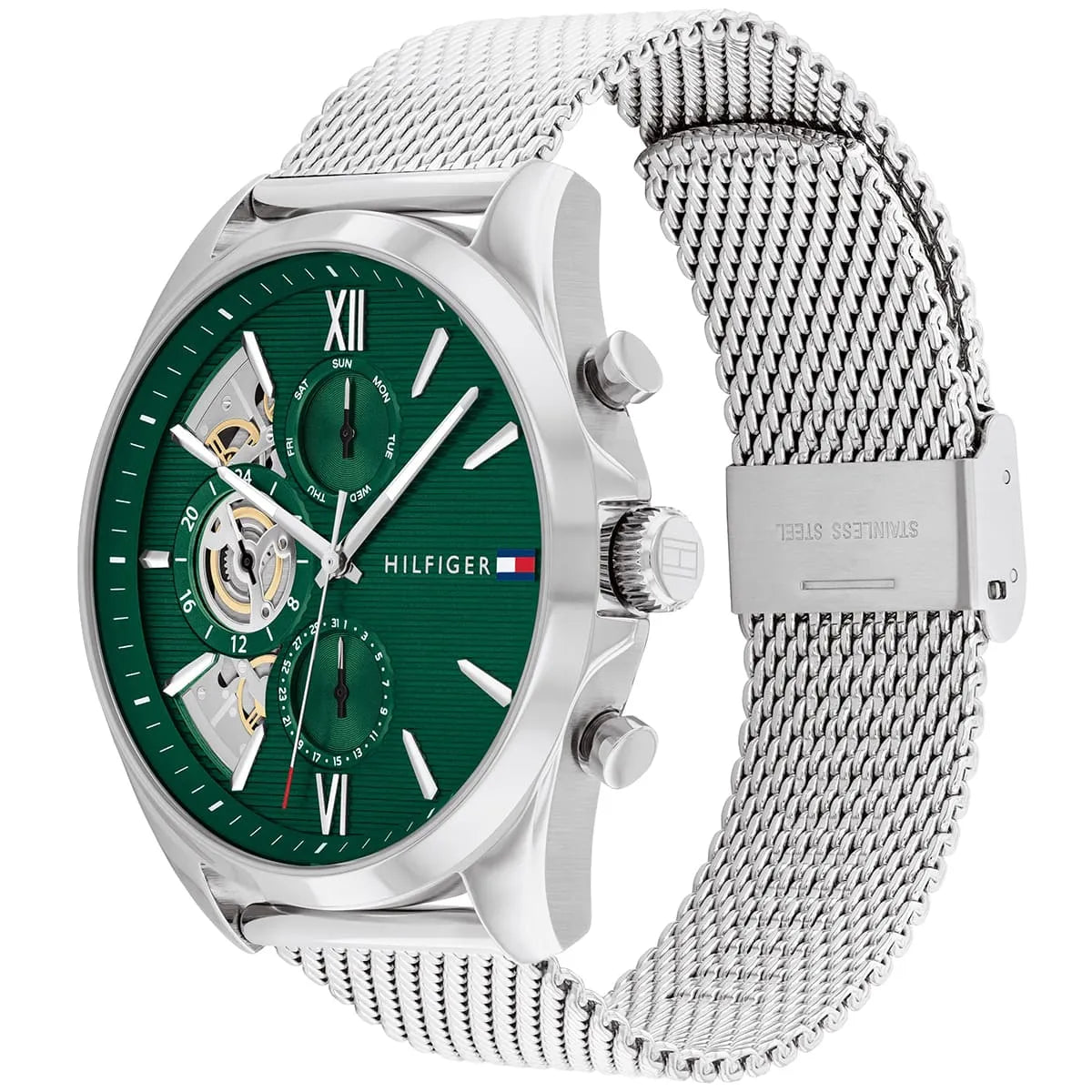 Side angle view of Tommy Hilfiger Baker watch showing green dial and silver mesh strap