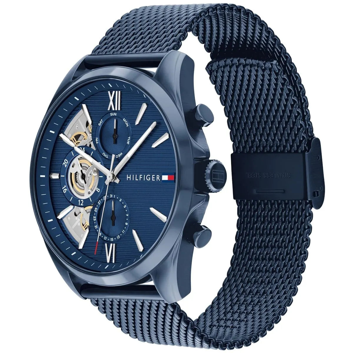 Tommy Hilfiger men's watch at angle showing blue mesh strap and chronograph functionality