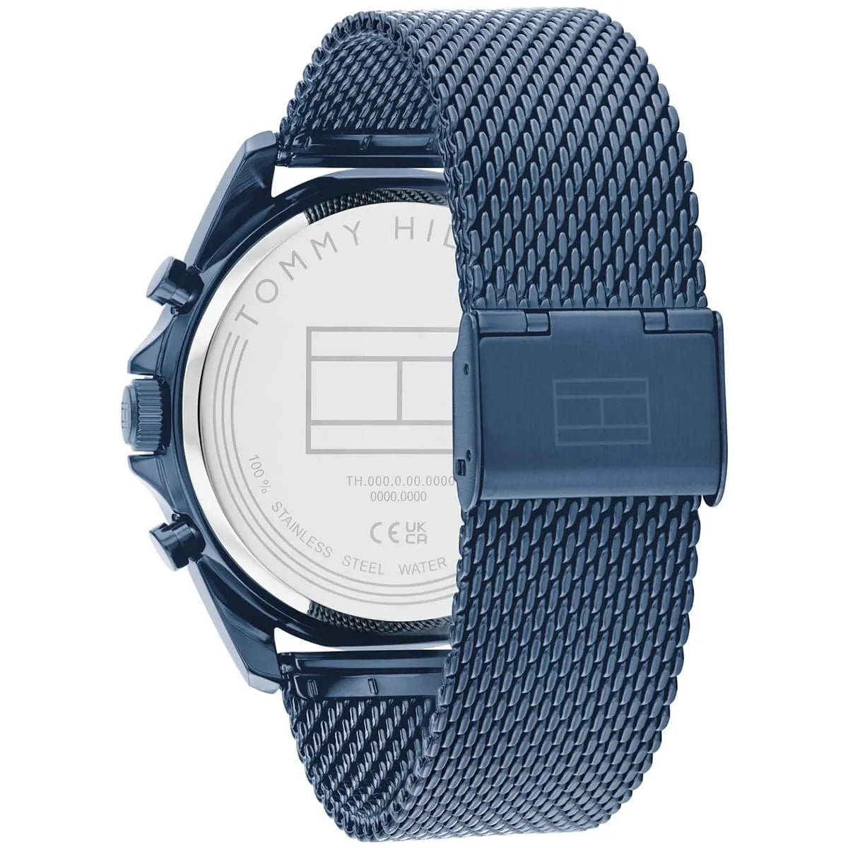 Tommy Hilfiger watch caseback showing stainless steel with model information and mesh strap