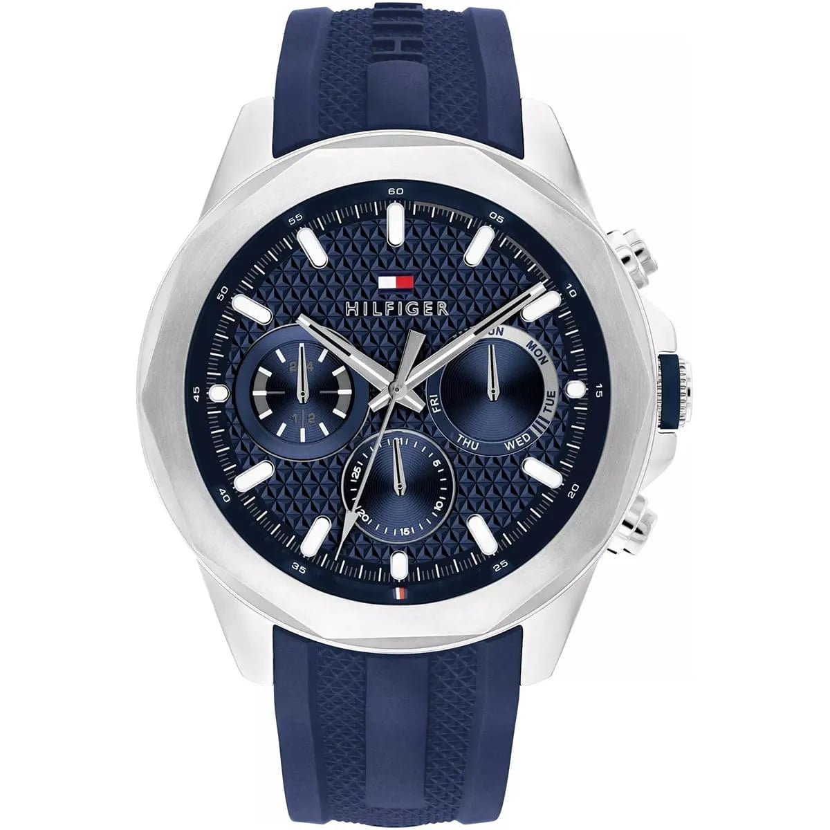Tommy Hilfiger Lars men's watch with blue dial, silver case, and navy rubber strap