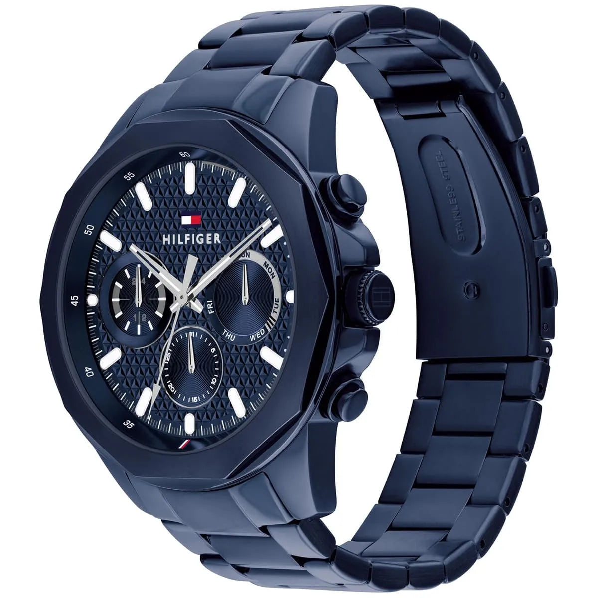 Tommy Hilfiger Lars watch at angle showing blue steel case and chronograph subdials