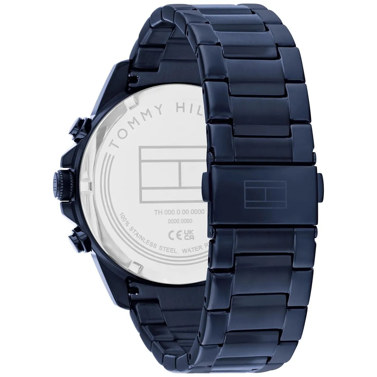 Tommy Hilfiger Lars watch caseback showing stainless steel construction and specifications