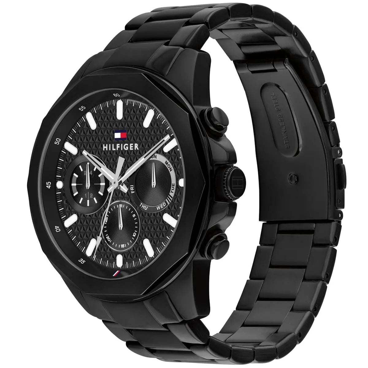 Tommy Hilfiger Lars watch angled side view showing black stainless steel case and linked bracelet