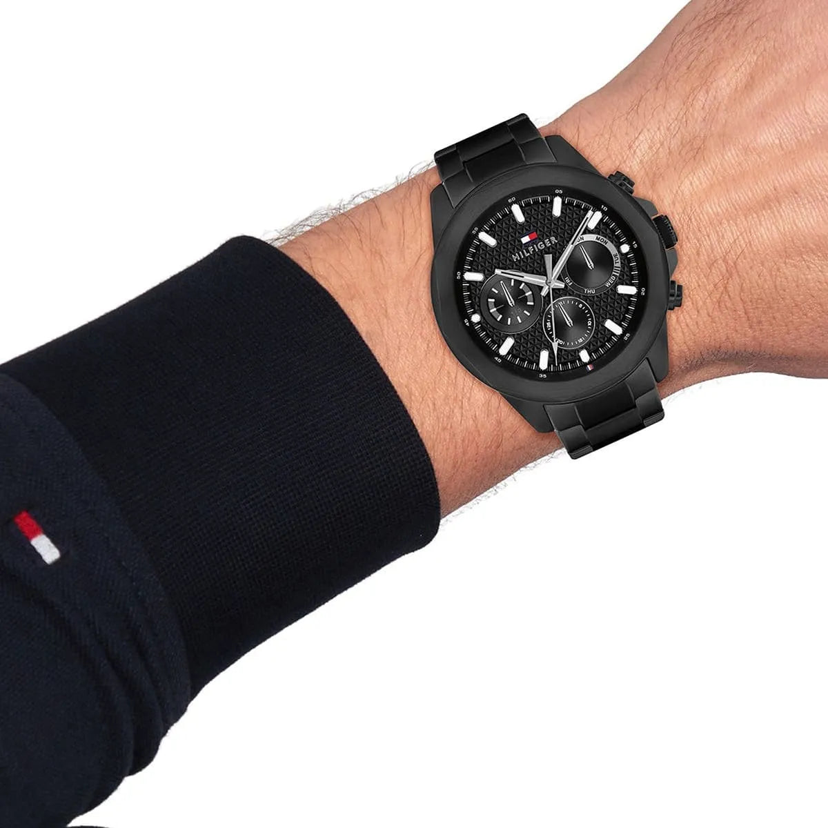 Tommy Hilfiger Lars chronograph watch worn on wrist with black steel bracelet