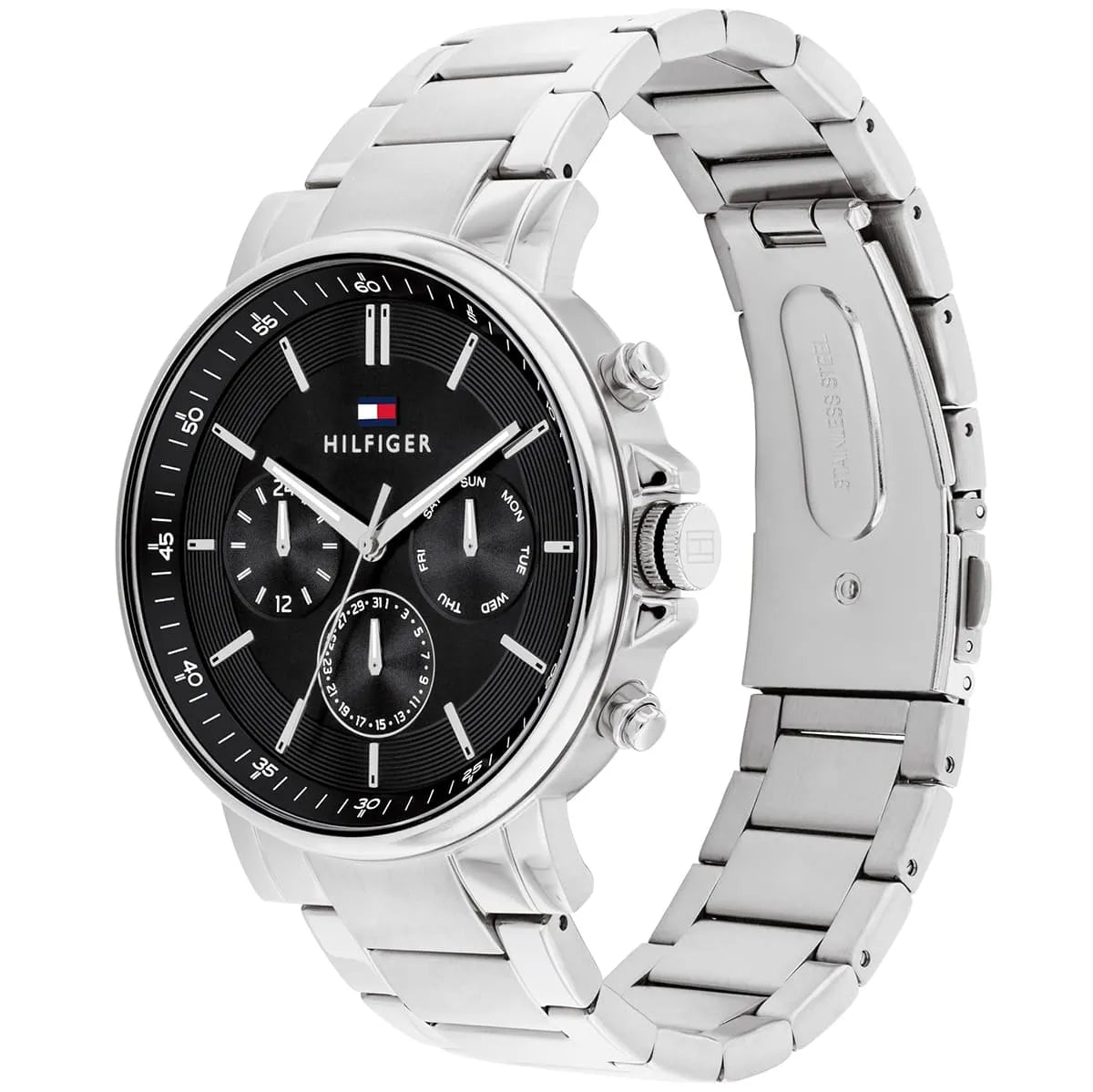 Tommy Hilfiger Tyson watch shown from angle view with stainless steel three-link bracelet