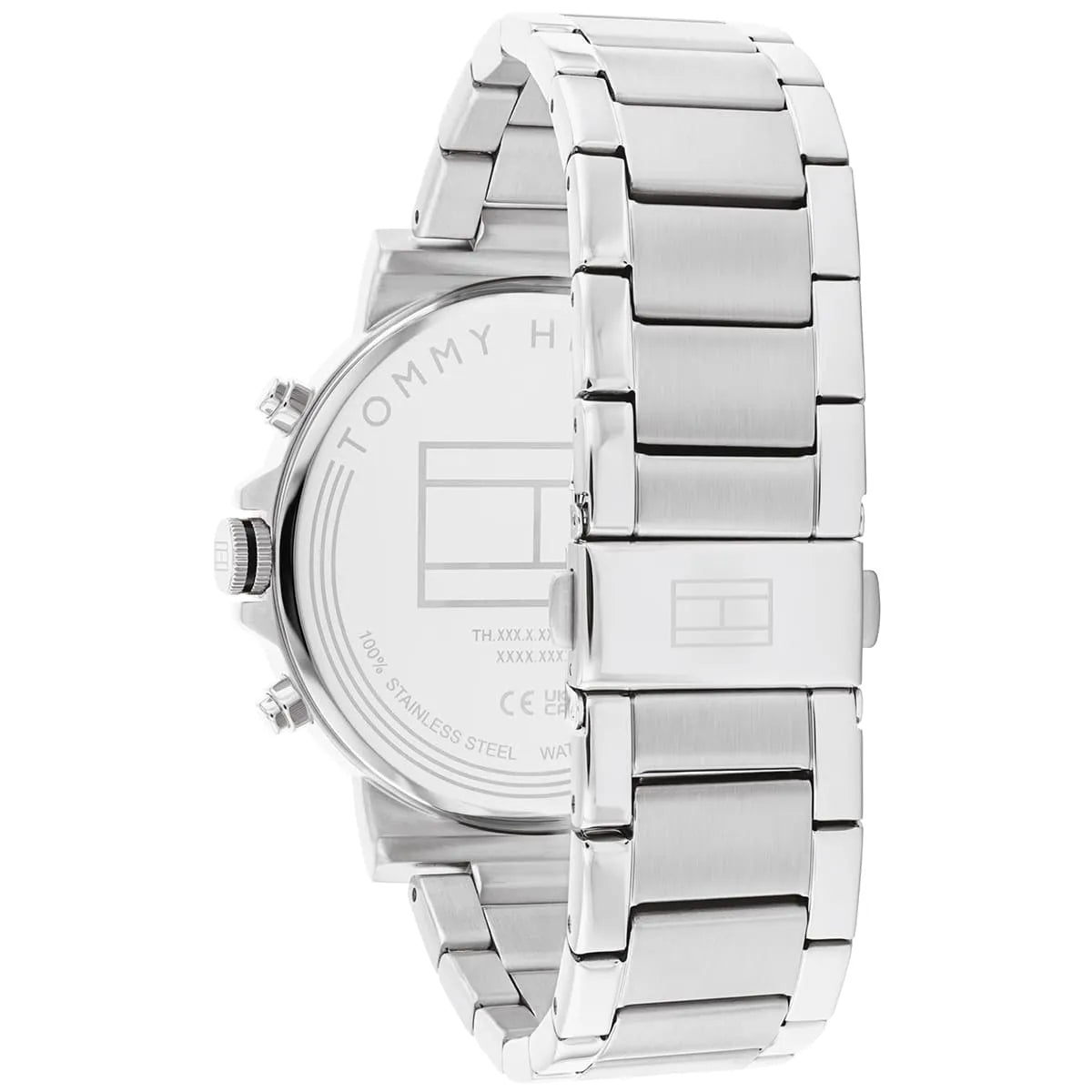 Tommy Hilfiger Tyson watch caseback showing stainless steel with engraved branding