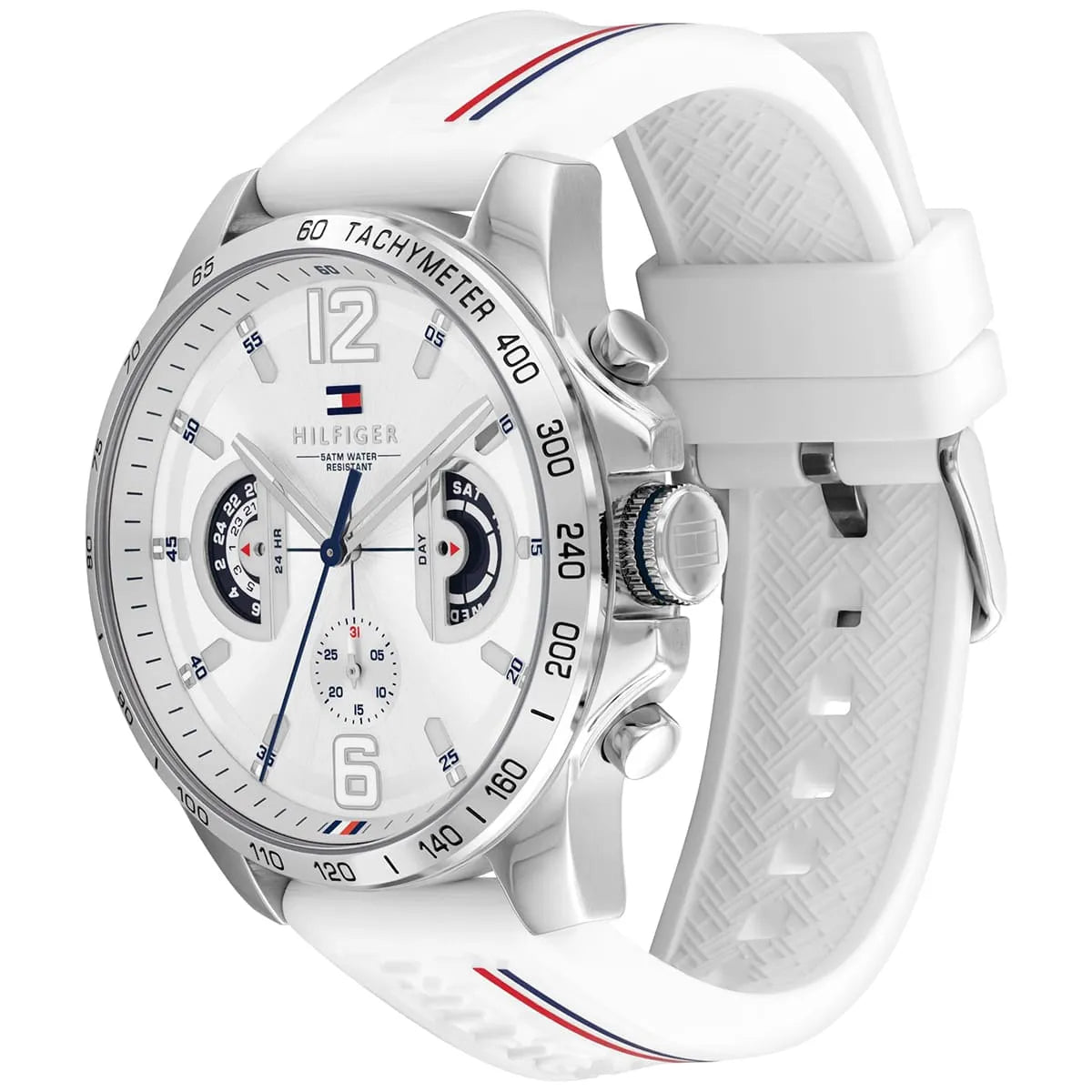 Tommy Hilfiger Decker watch at angle showing case profile and white rubber strap with red and blue stripes