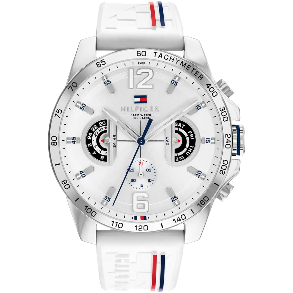 Tommy Hilfiger Decker men's watch with white chronograph dial and white rubber strap