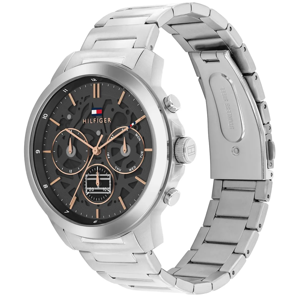 Side angle view of Tommy Hilfiger Henry chronograph watch showing silver metal band and case profile